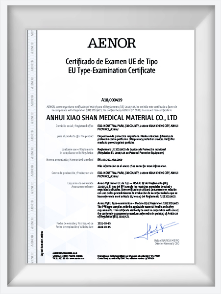 Masque de protection Certificat CE B+D